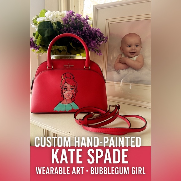 Kate Spade Pink Satchel with custom painted Bubblegum Girl Art One of A Kind - Picture 2 of 8